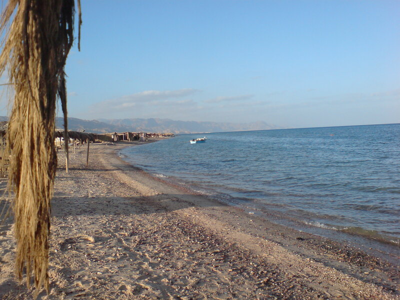 Beach with Boats and Mountains — Blue