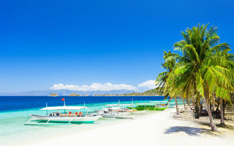 Beach with Boats and Palm Trees — Blue