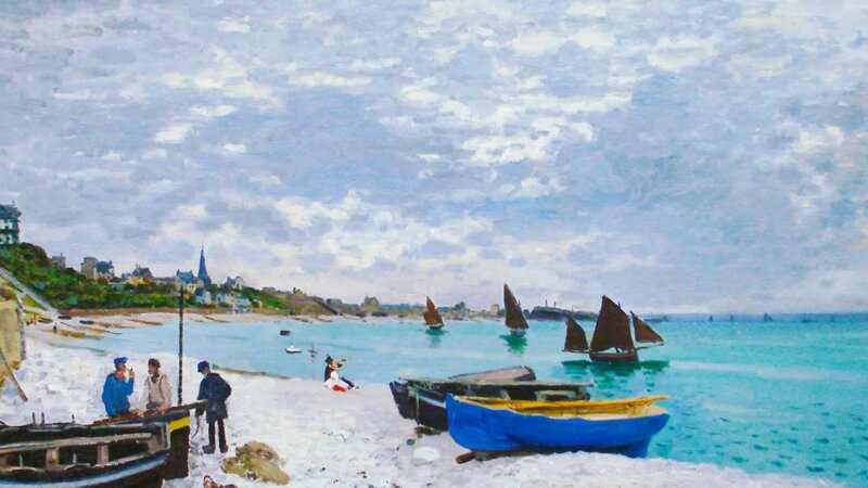 Beach with Boats and People — Blue, Calm