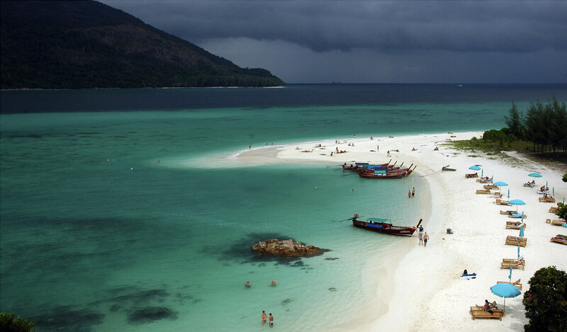 Beach with Boats and People — Blue, Dramatic