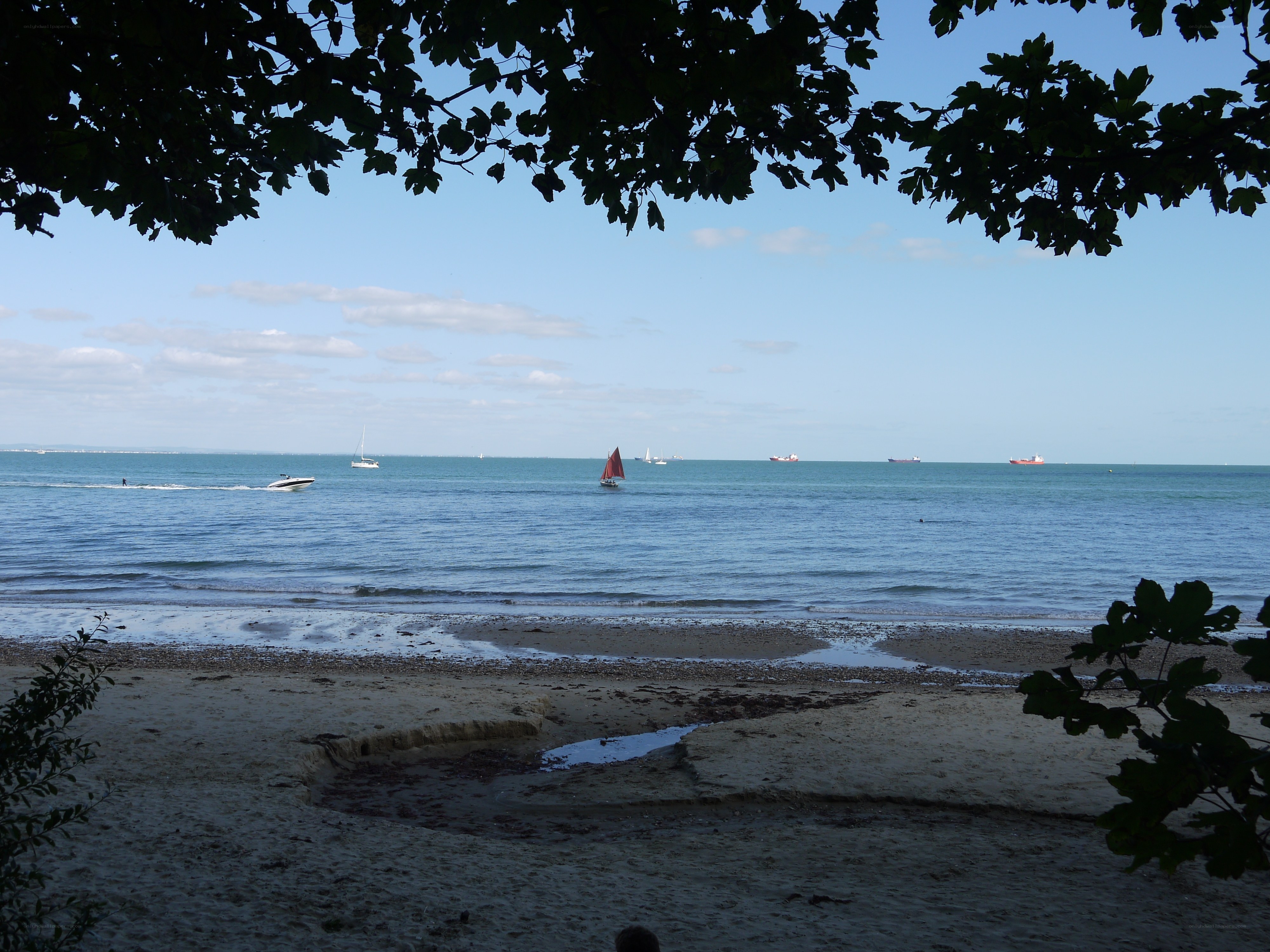 beach with boats and sailboat