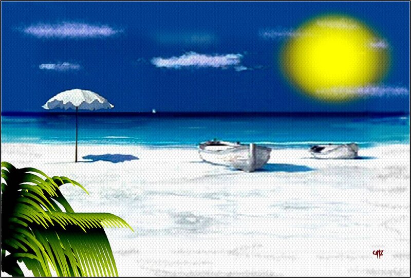 Beach with Boats and Umbrella — Blue