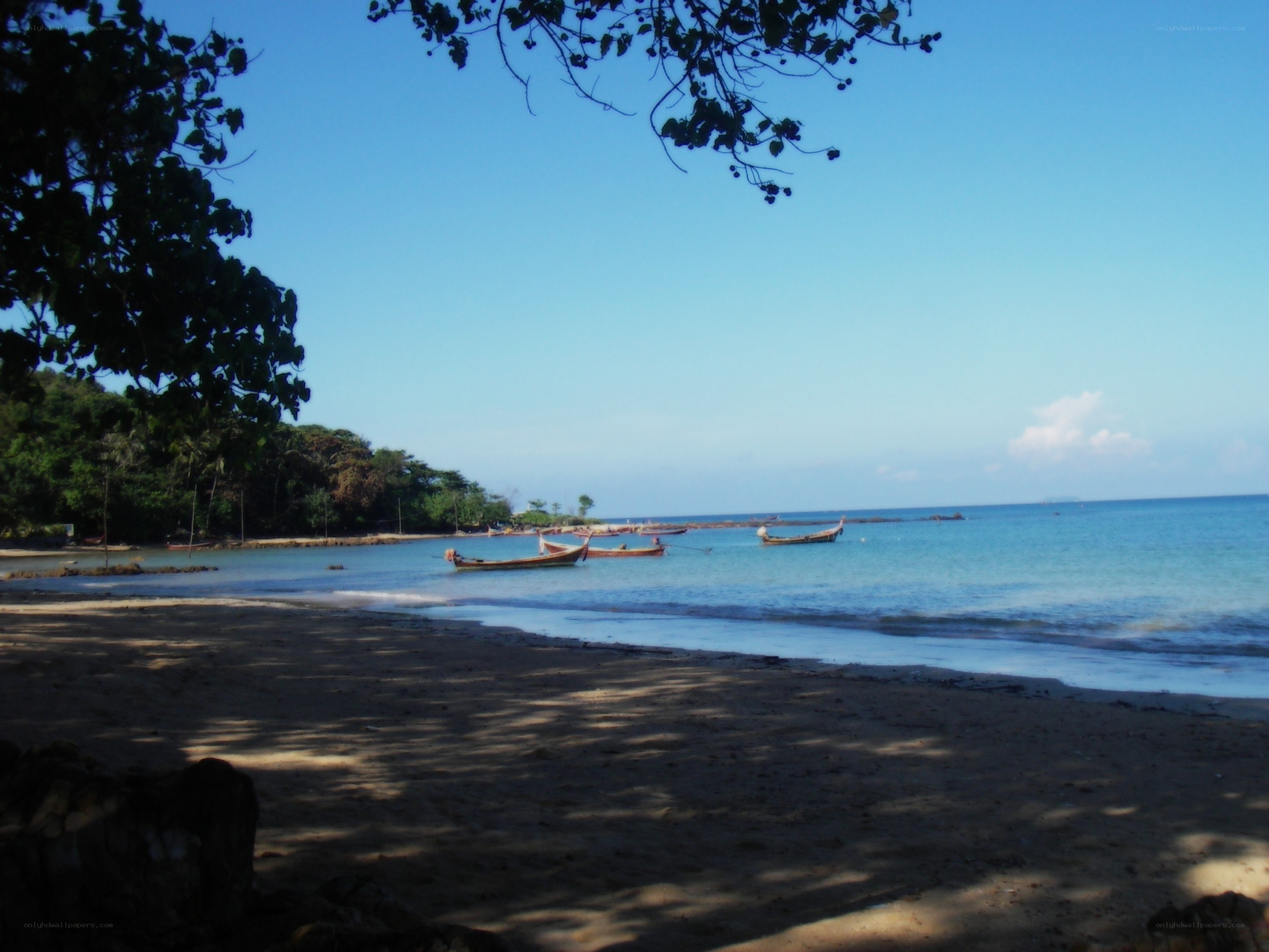 Beach with boats at sunset