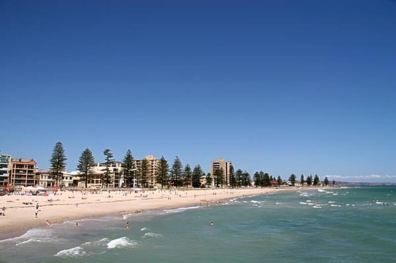 Beach with Buildings — Blue, Serene, Afternoon