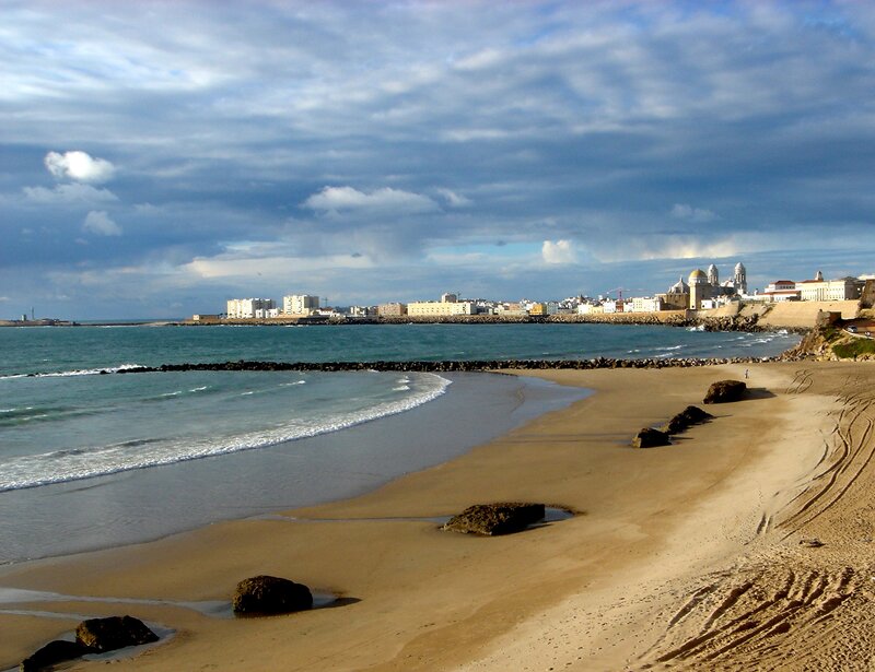Beach with City Skyline — Blue, Dramatic