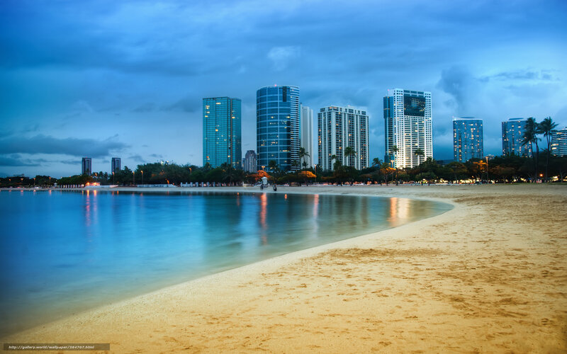 Beach with City Skyline — Blue, Serene, Night, Photograph, Skyscrapers