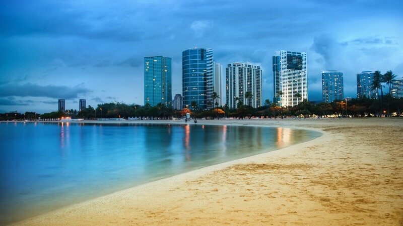 Beach with City Skyline — Blue, Serene, Night