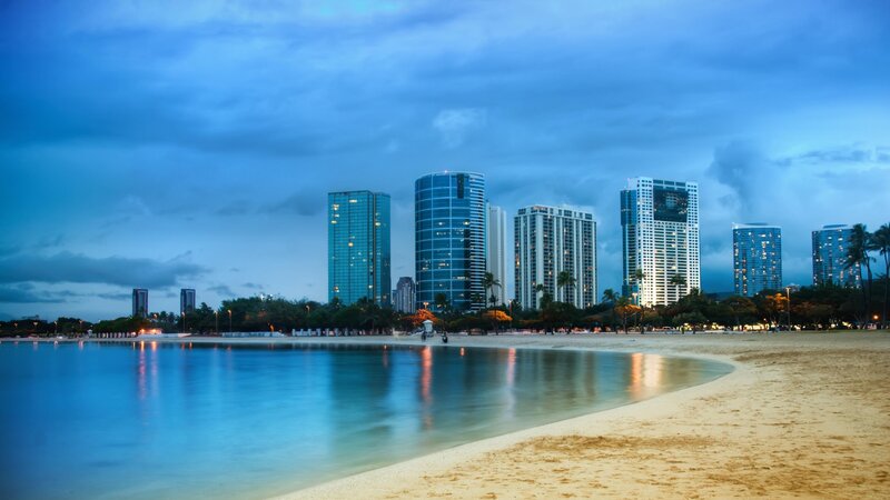 Beach with City Skyline — Blue, Serene