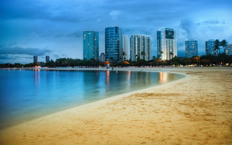 Beach with City Skyline — Blue