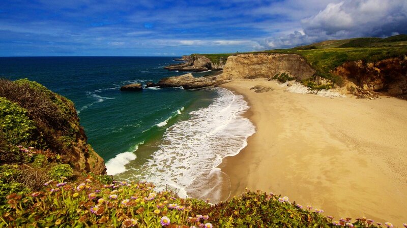 Beach with Cliffs and Waves — Blue, Serene, Afternoon
