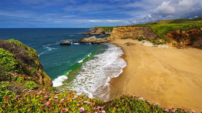 Beach with Cliffs and Waves — Blue, Serene