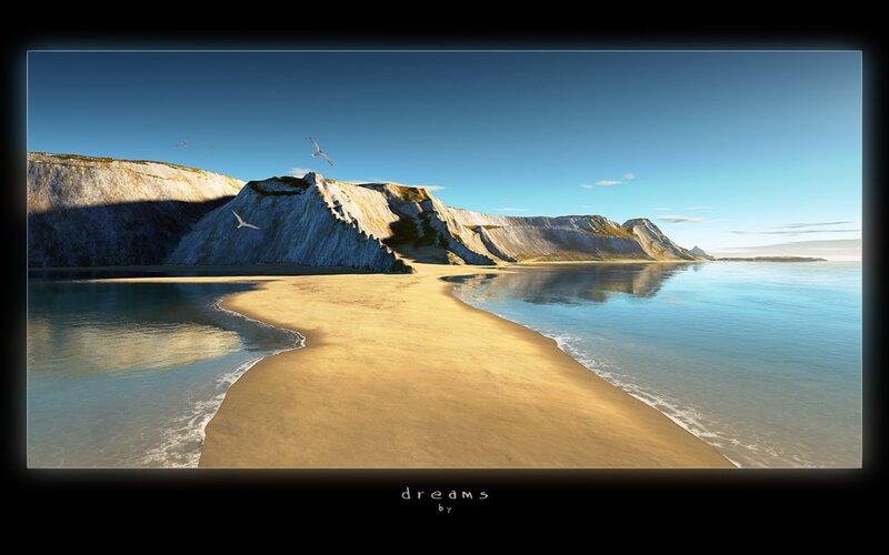 Beach with Cliffs — Blue, Serene, Afternoon, Digital Art