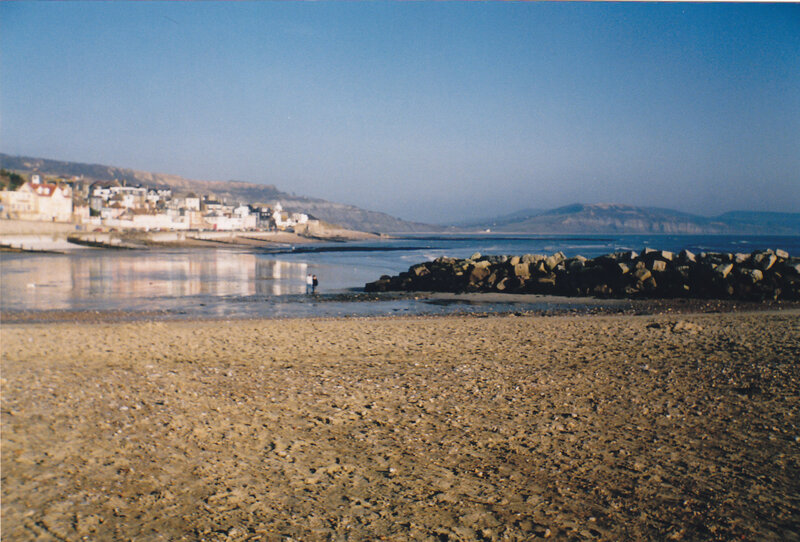beach with coastal town