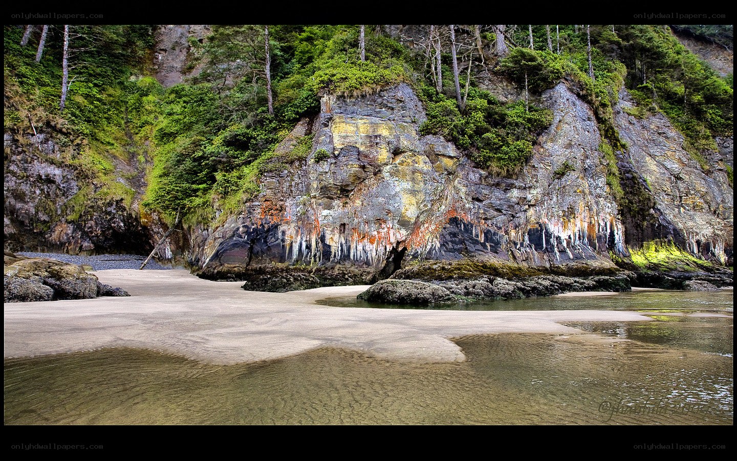beach with colorful rock formations