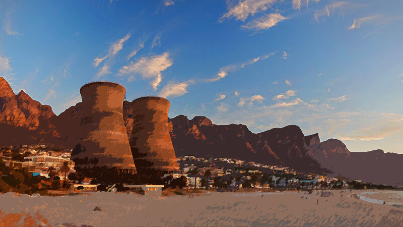 beach with cooling towers