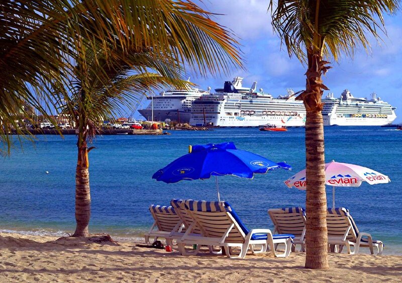 Beach with cruise ships in background
