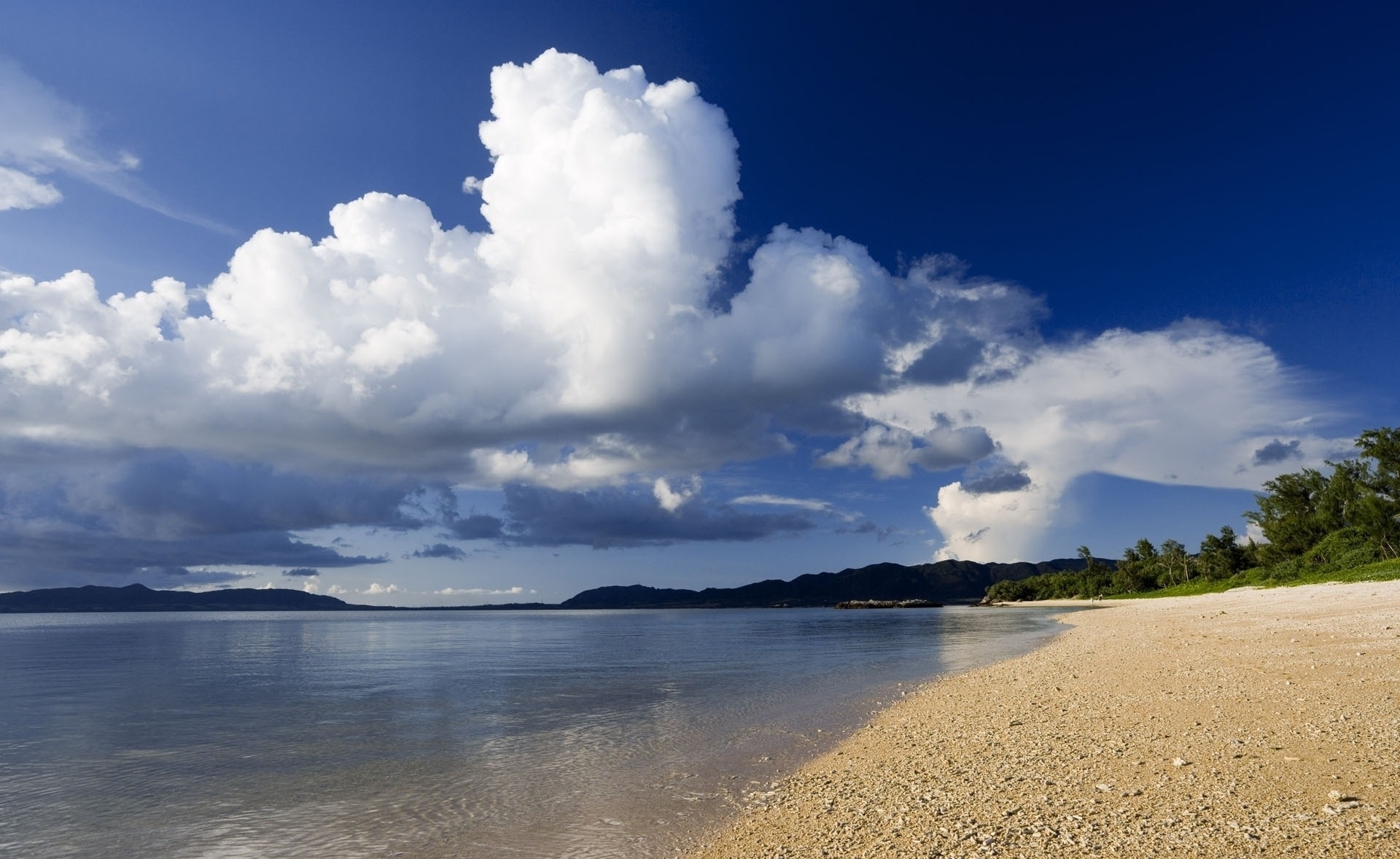 Beach with cumulus clouds