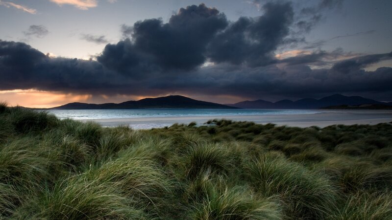 Beach with Dunes and Mountains — Green, Dramatic, Sunset