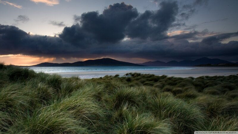 Beach with Dunes and Mountains — Green, Dramatic