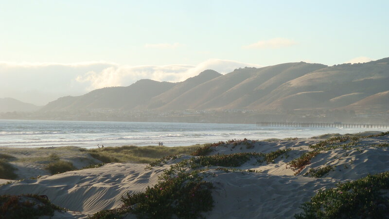 beach with dunes and mountains