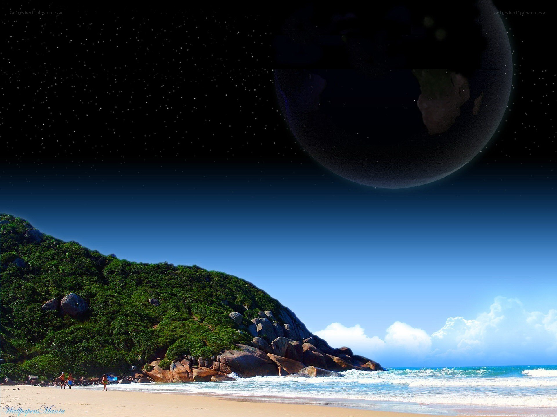 Beach with Earth in the sky