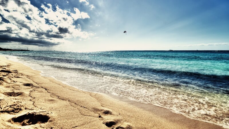 Beach with Footprints — Blue, Dramatic, Afternoon, Photograph, Ocean