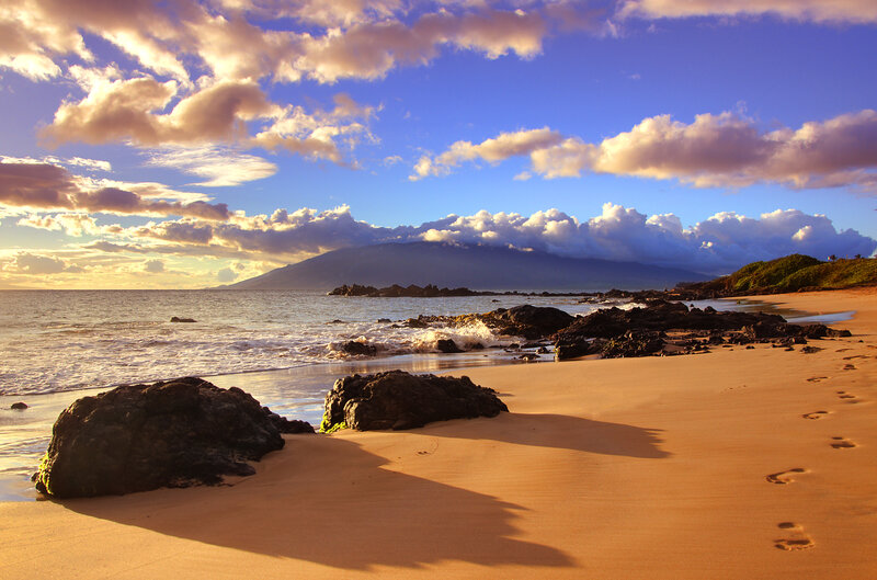 Beach with Footprints — Blue, Serene, Sunset