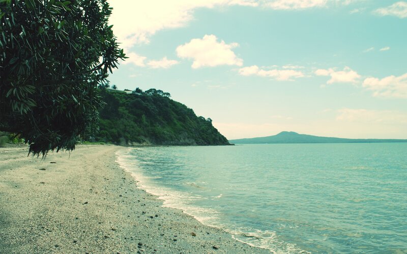 Beach with Green Hill — Blue, Serene, Afternoon
