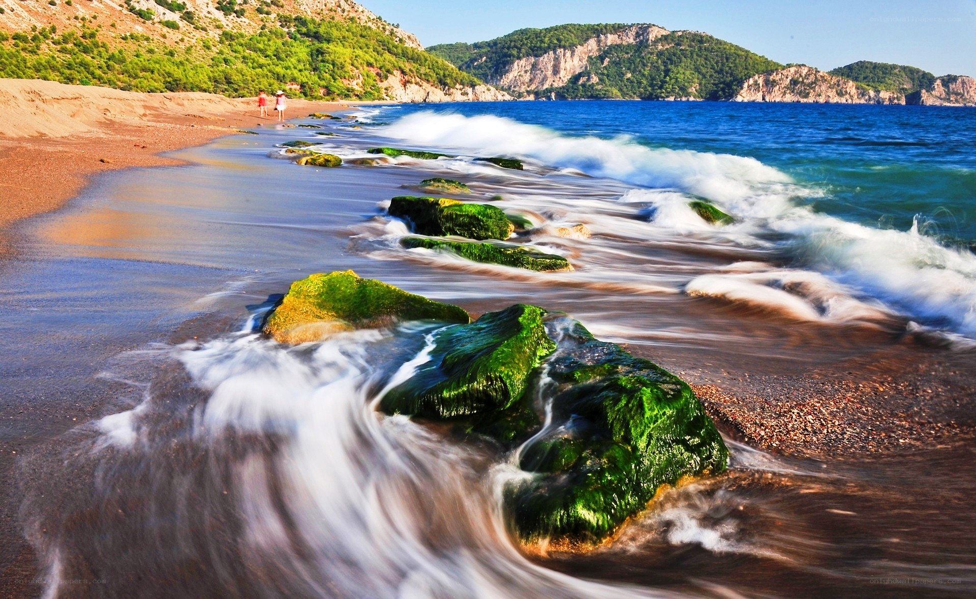 Beach with green rocks and waves