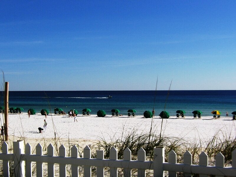 Beach with green umbrellas