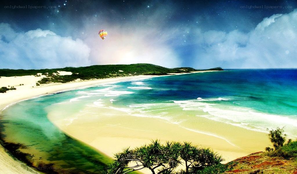 beach with hot air balloon
