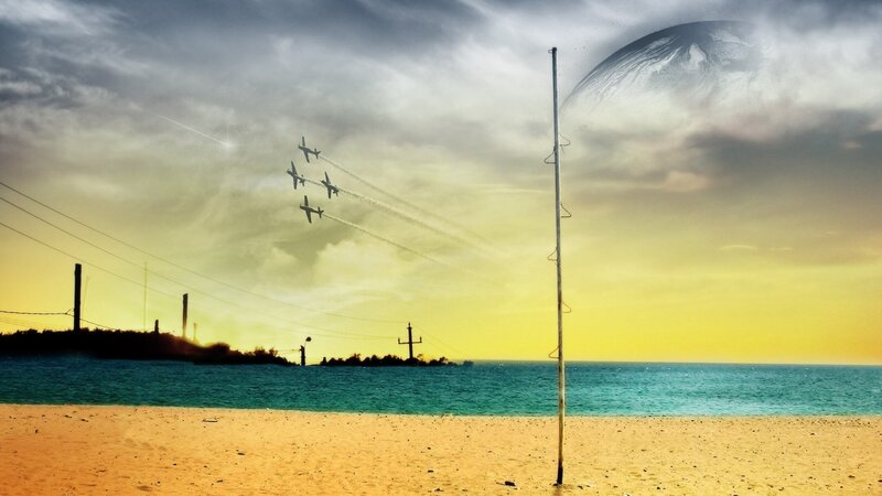 Beach with jets and planet