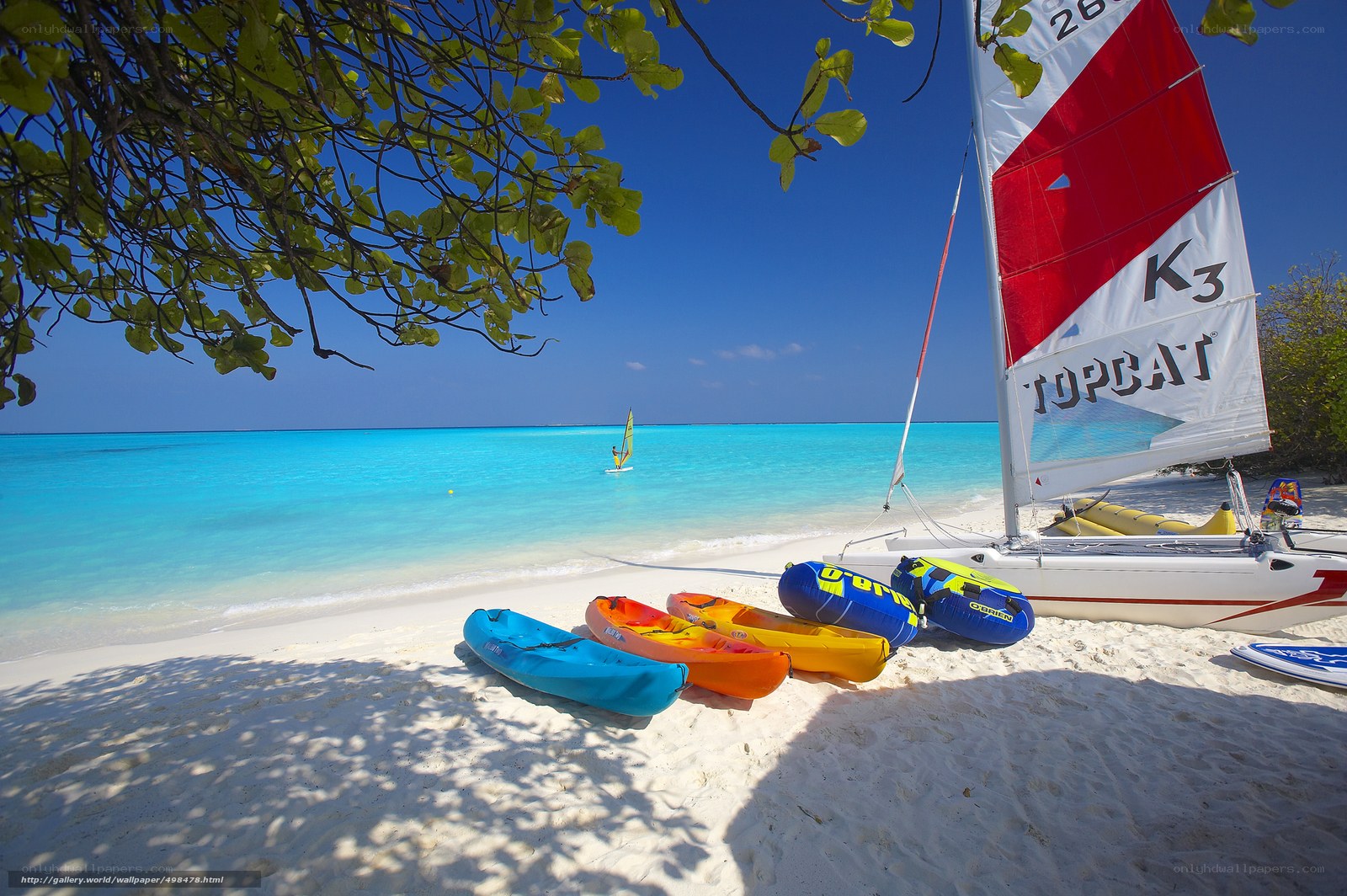Beach with kayaks and sailboat