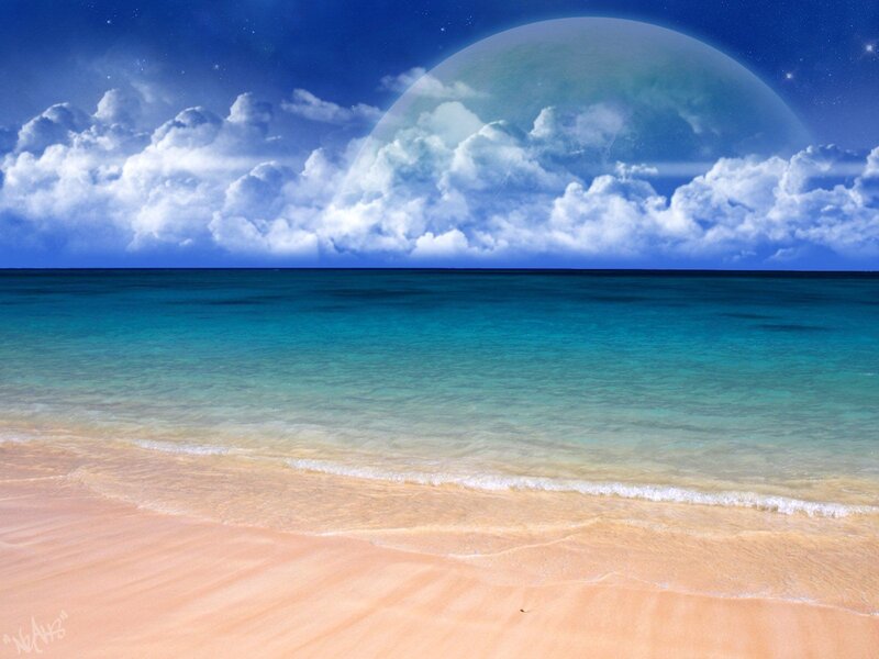 Beach with Large Moon — Blue, Serene, Night, Digital Art