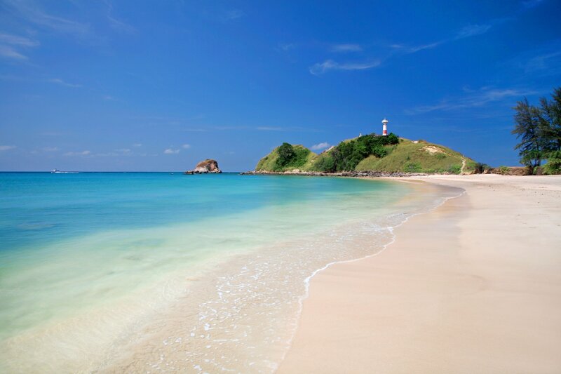 Beach with Lighthouse — Blue, Serene, Afternoon, Photograph