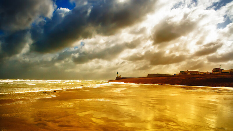 Beach with Lighthouse — Gold, Dramatic, Sunset