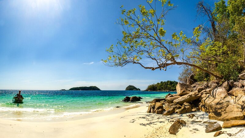 Beach with Longtail Boat — Blue