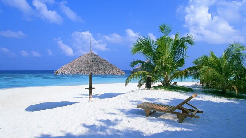 Beach with Lounge Chair — Blue, Serene, Afternoon, Photograph