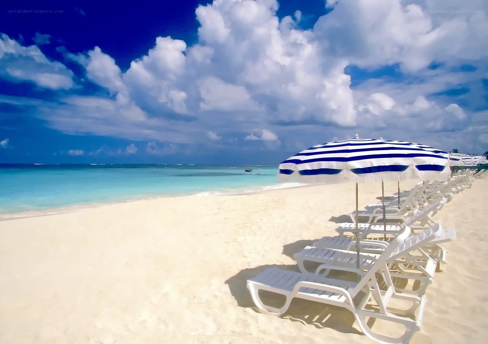 Beach with lounge chairs