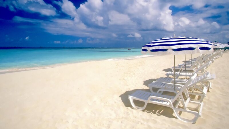 Beach with lounge chairs