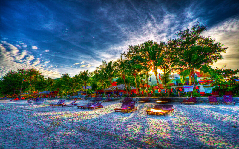 Beach with Lounge Chairs — Blue, Dramatic, Sunset