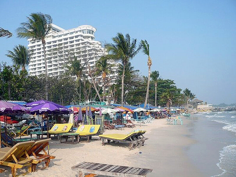 Beach with Lounge Chairs — Blue, Relaxed, Afternoon, Photograph, Palm Trees