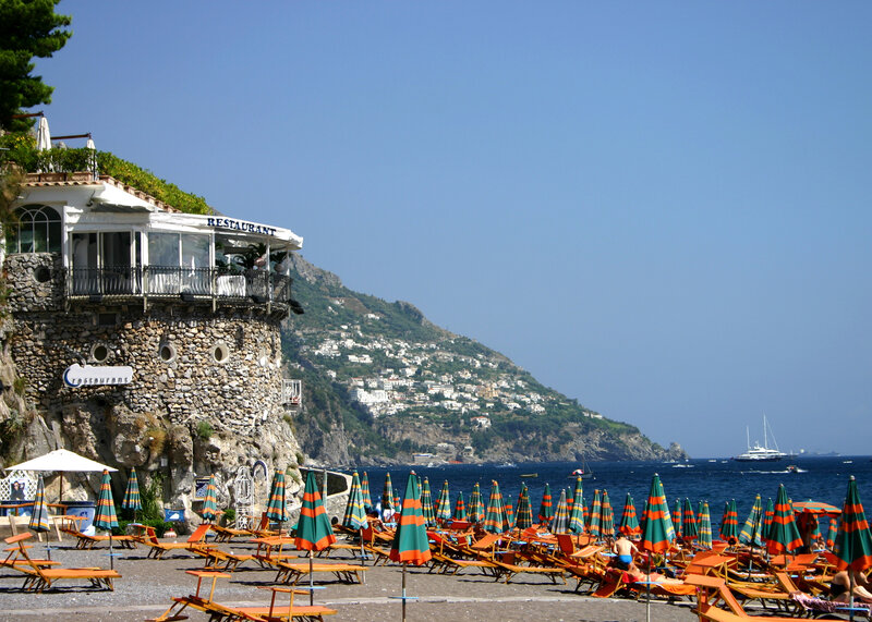 Beach with Lounge Chairs — Blue, Relaxed, Afternoon