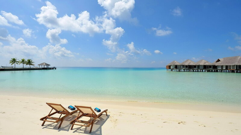 Beach with Lounge Chairs — Blue, Serene, Afternoon, Photograph, Lounge Chairs