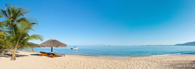 Beach with Lounge Chairs — Blue, Serene, Afternoon, Photograph, Palm Tree, Thatched Umbrella