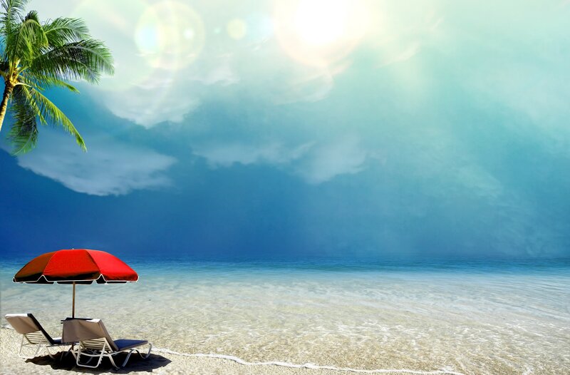 Beach with Lounge Chairs — Blue, Serene, Afternoon, Photograph, Palm Tree, Umbrella