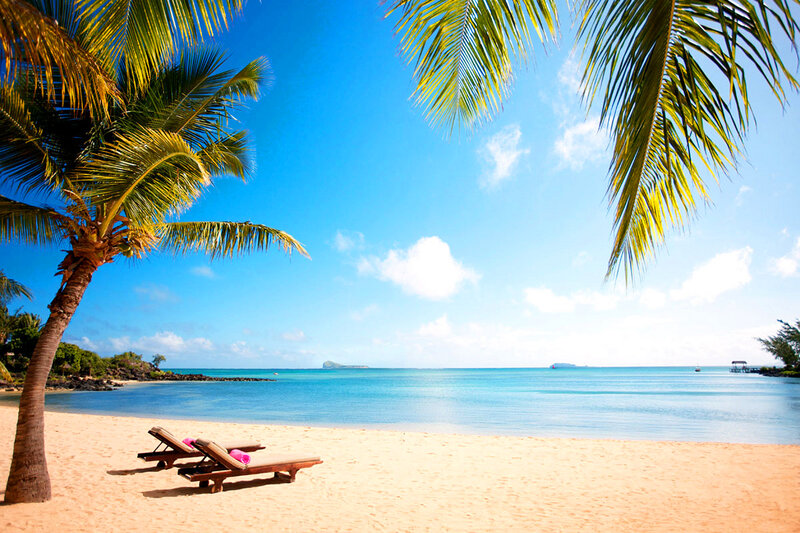 Beach with Lounge Chairs — Blue, Serene, Afternoon, Photograph, Palm Trees, Ocean