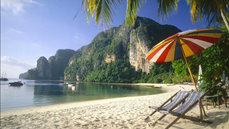 Beach with Lounge Chairs — Blue, Serene, Afternoon, Photograph, Umbrella, Mountain