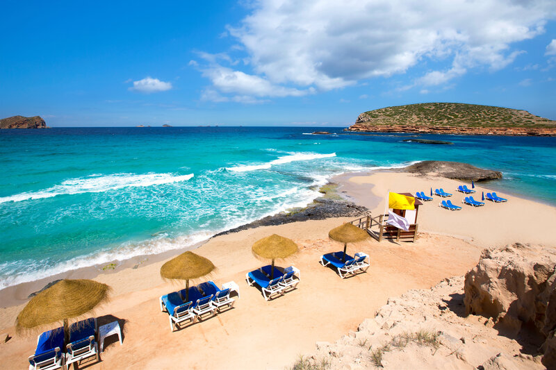 Beach with Lounge Chairs — Blue, Serene, Afternoon, Photograph, Umbrellas, Ocean
