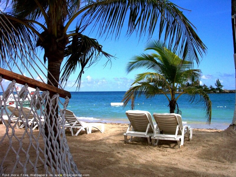 Beach with Lounge Chairs — Blue, Serene, Afternoon